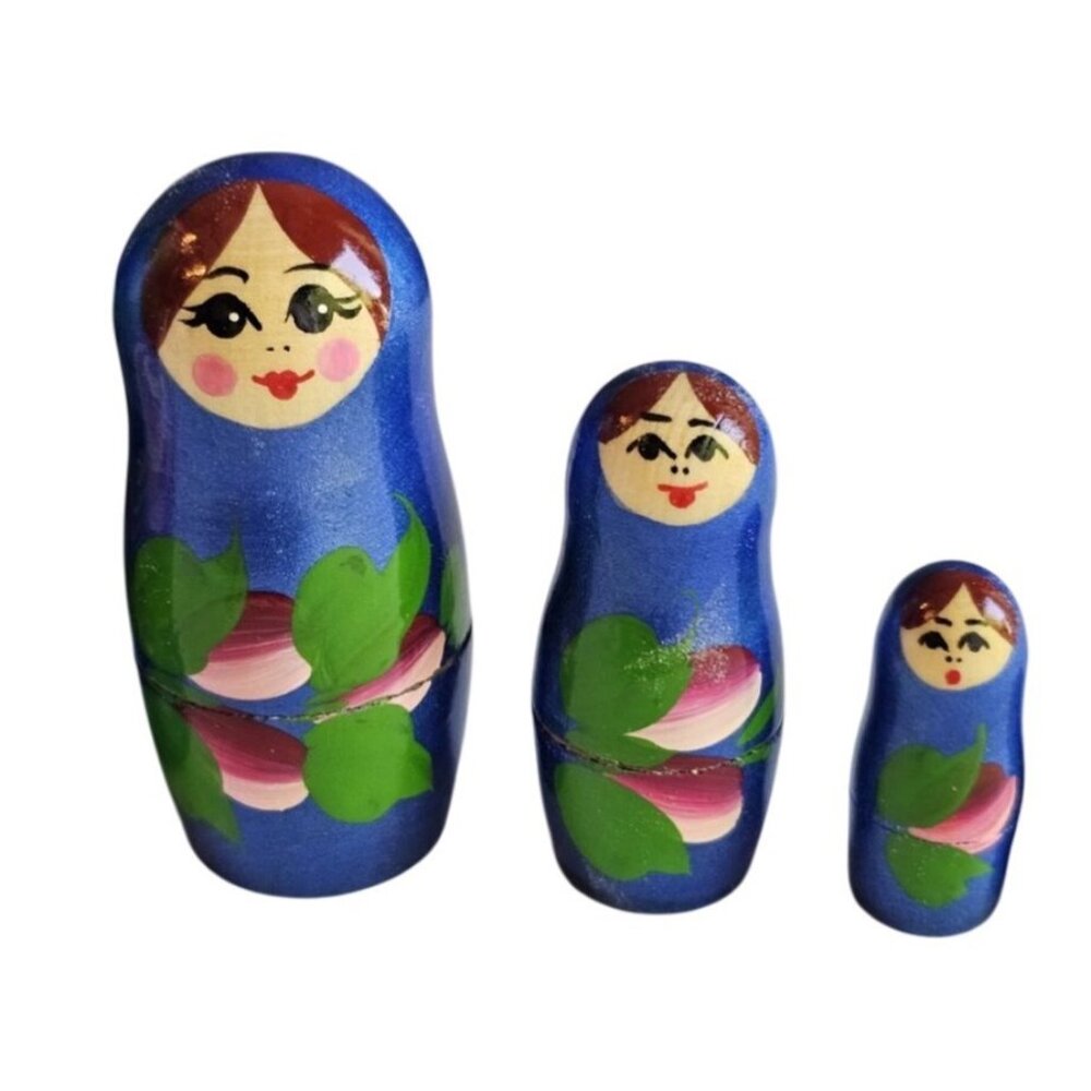 Russian Nesting Dolls Set of 5 Hand painted Blue Floral Woman Aprox 6" - Picture 3 of 7